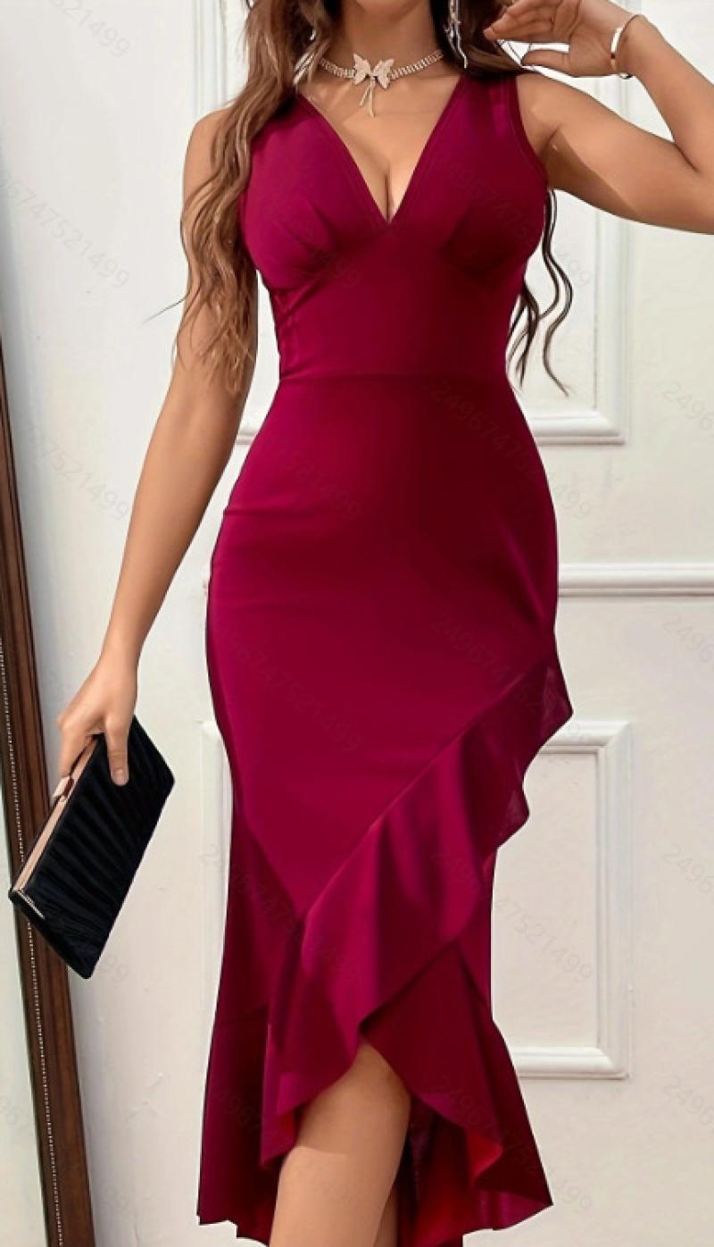 Damen figurbetontes Kleid mit asymmetrischem Saum und V-Ausschnitt R&B
