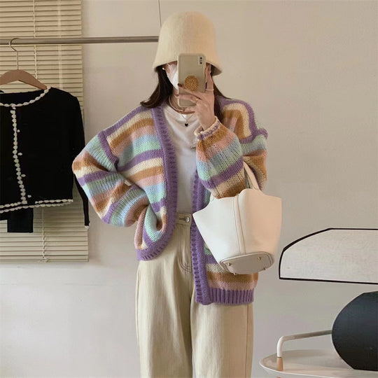 Damen Gemusterter Strickcardigan mit luftigen Ärmeln und sanften Farbverläufen R&B