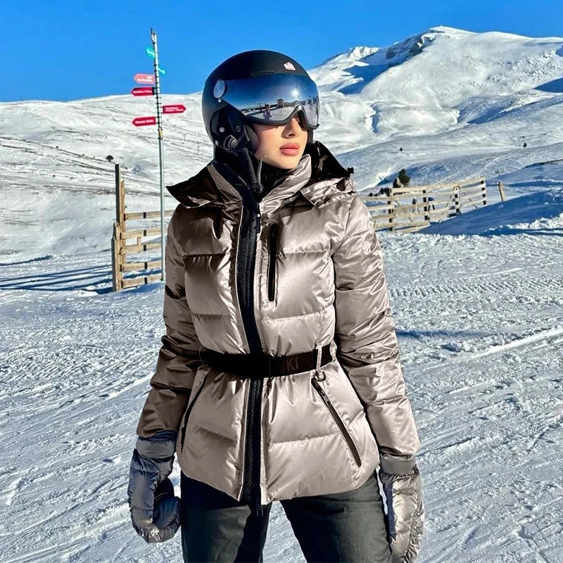 Damen warme Steppjacke mit abnehmbarer Kapuze und Taillengürtel R&B