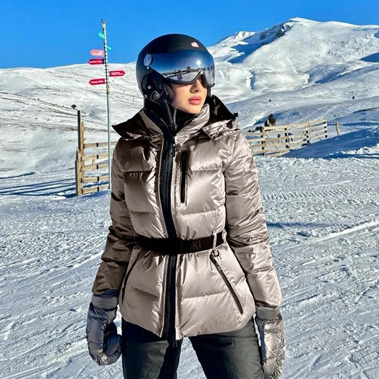 Damen warme Steppjacke mit abnehmbarer Kapuze und Taillengürtel R&B