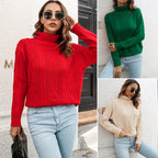 Damen Strickpullover mit hohem Kragen und Zopfmuster R&B