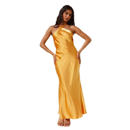 Damen elegantes Abendkleid mit asymmetrischem Ausschnitt und fließendem Satinfall R&B