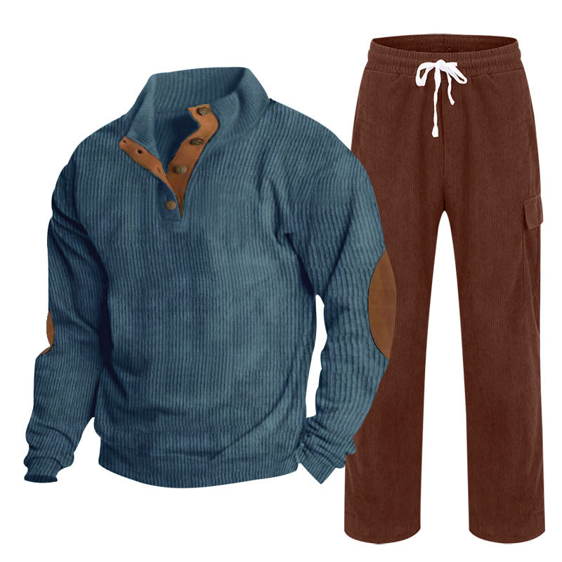 Herren nan Strick-Freizeitset mit Knopfleiste und Ellenbogenaufnähern sowie Cord-Cargohose R&B