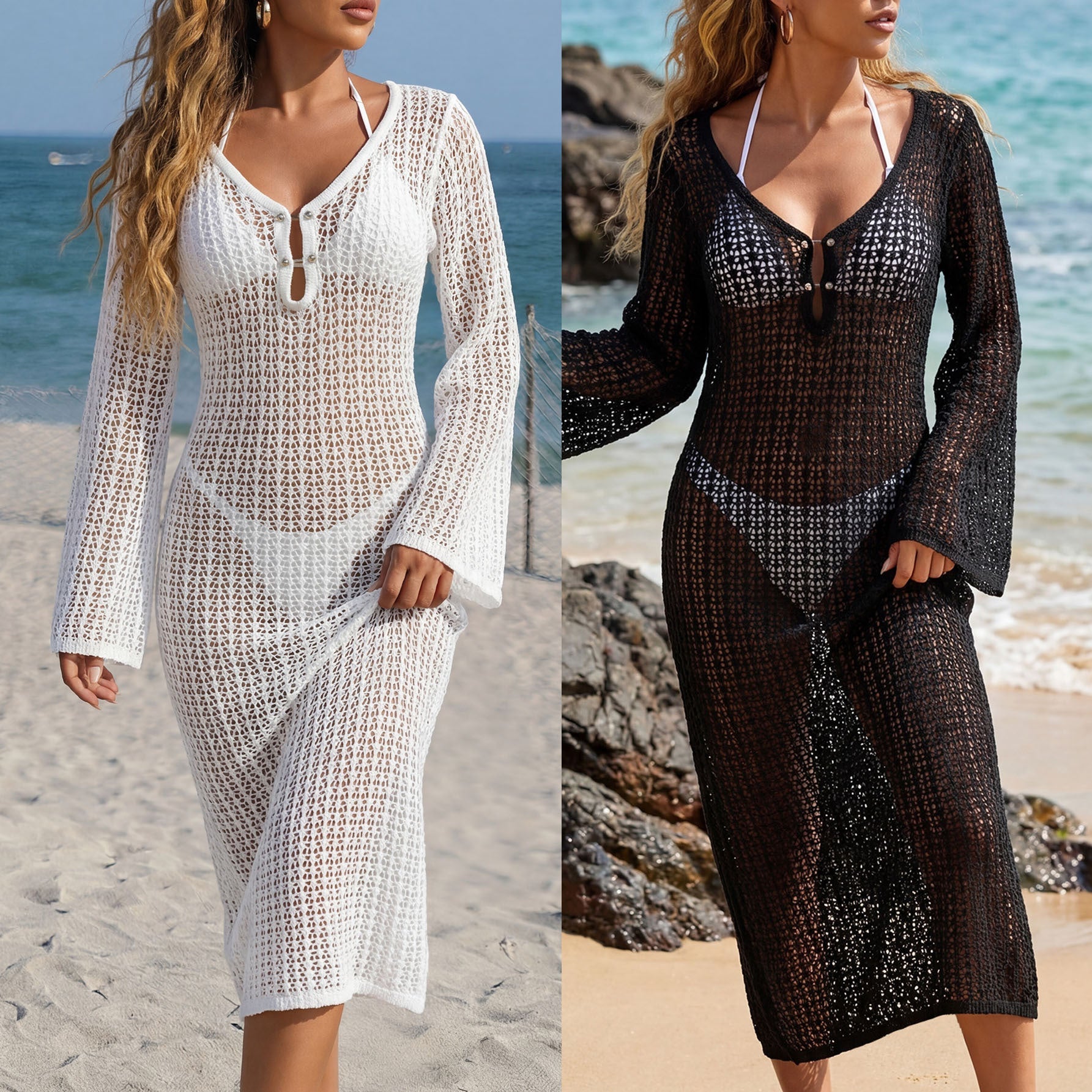 Damen luftiger Strandüberwurf mit gehäkeltem Design R&B