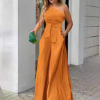 Damen Eleganter One-Shoulder Jumpsuit mit weitem Bein und Taillengürtel R&B