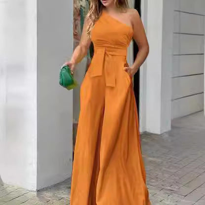 Damen Eleganter One-Shoulder Jumpsuit mit weitem Bein und Taillengürtel R&B