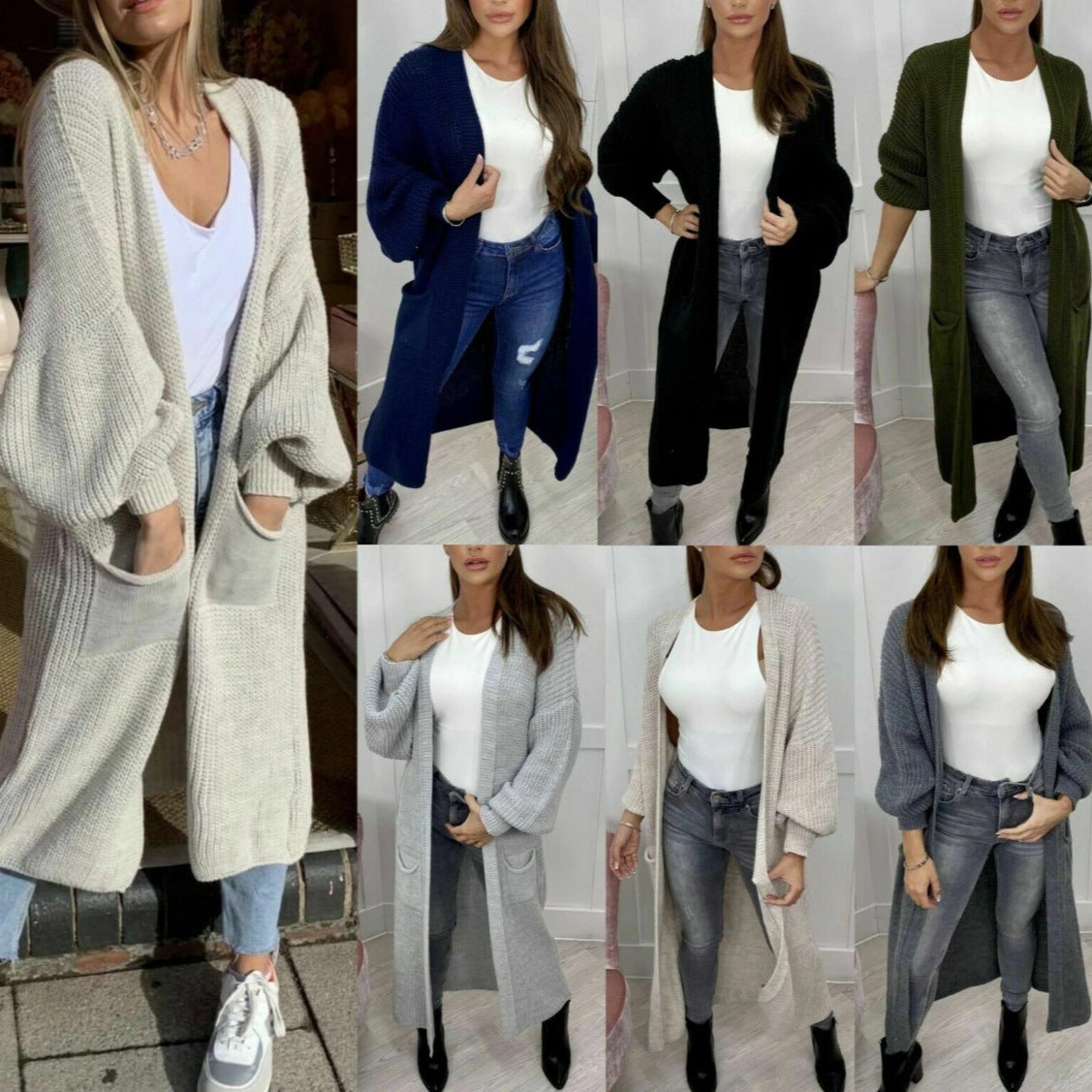 Damen Strickmantel mit voluminösen Ärmeln und elegantem Design