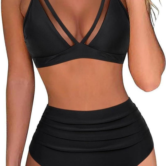 Damen Hoch tailliertes Bikini-Set mit Leopardenmuster und transparenten Einsätzen R&B
