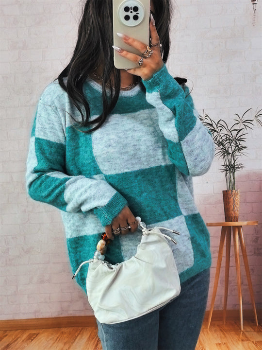 Damen Grobstrickpullover mit modernem Karomuster und lässigem Schnitt R&B
