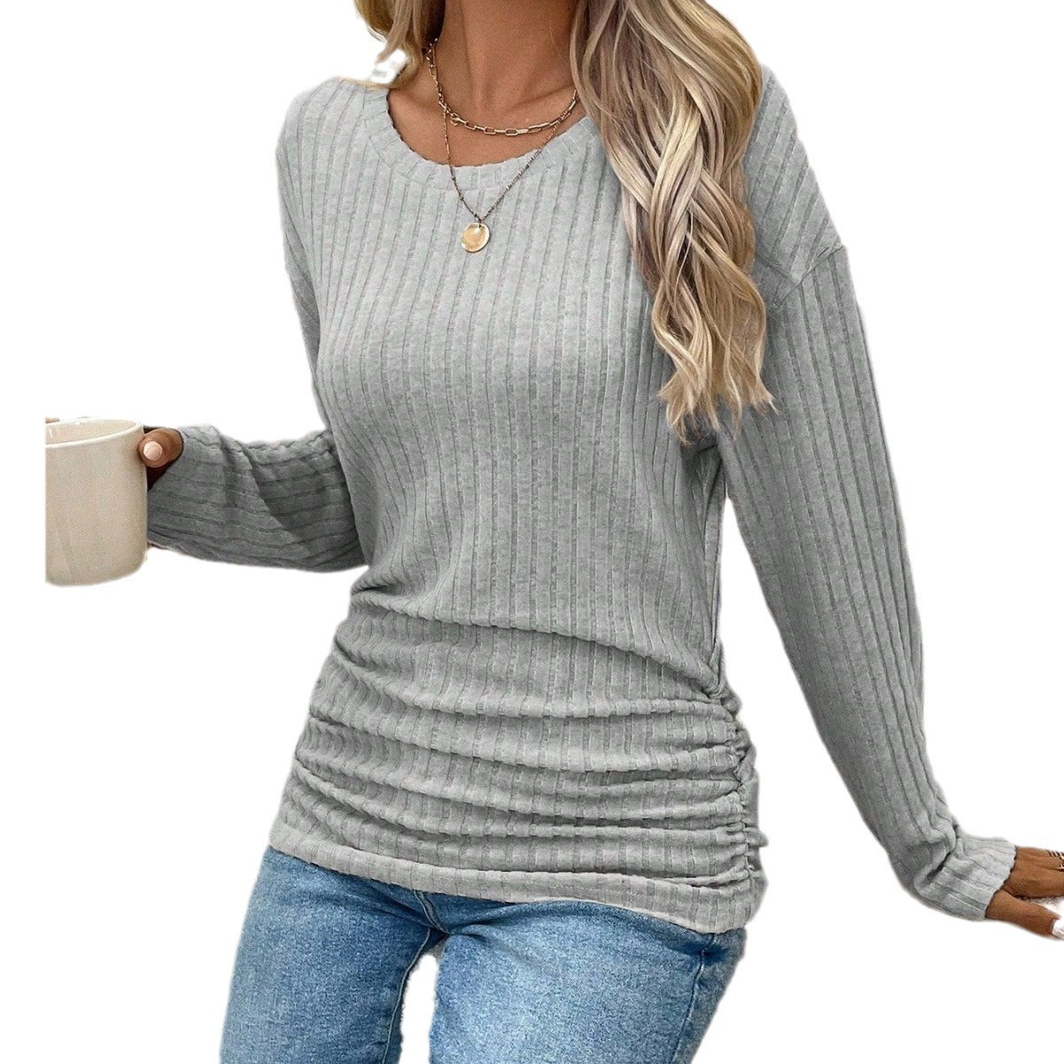 Damen Langärmliger Ripp-Pullover mit V-Ausschnitt und lässigem Schnitt R&B