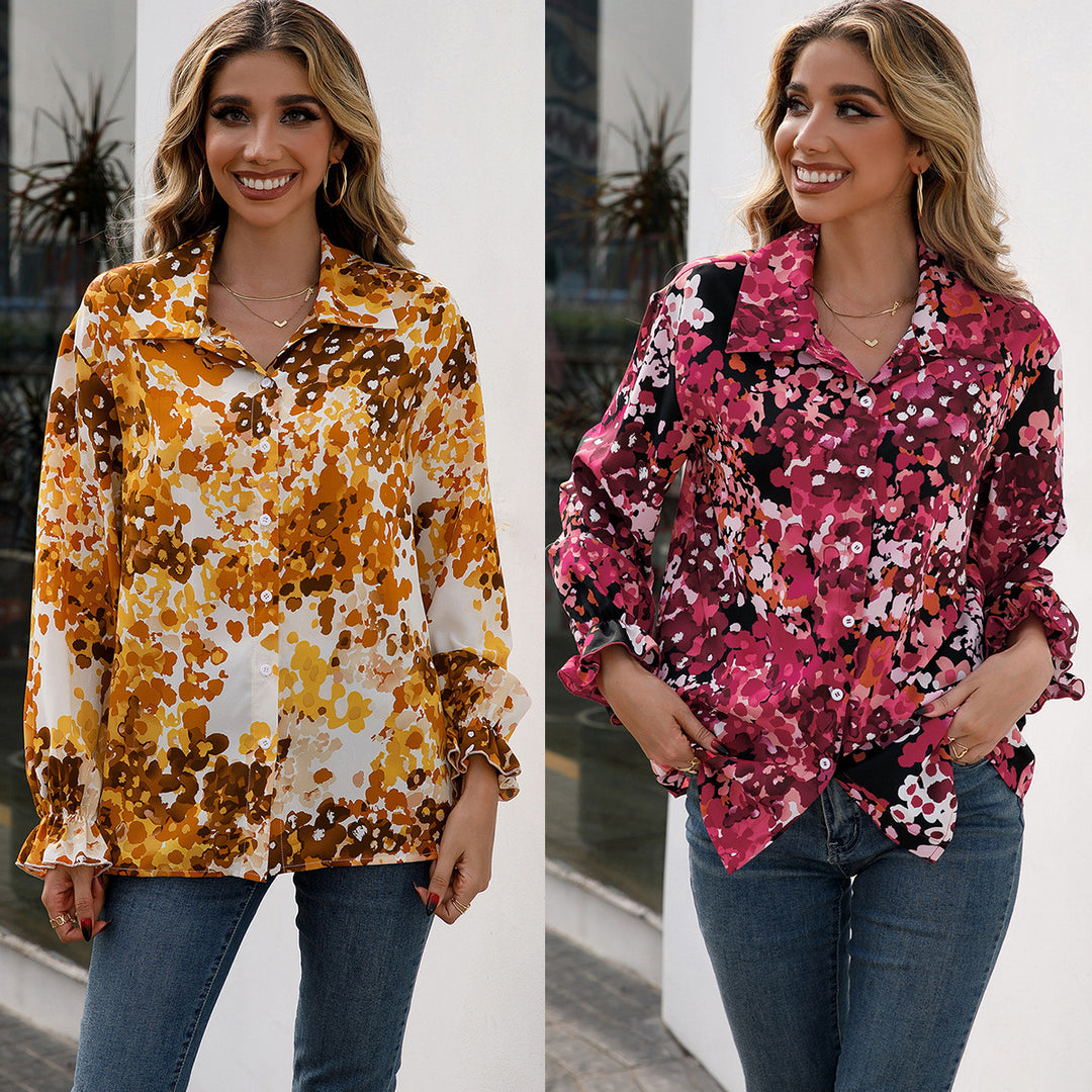Damen elegante Bluse mit floralem Muster und weiten Ärmeln R&B