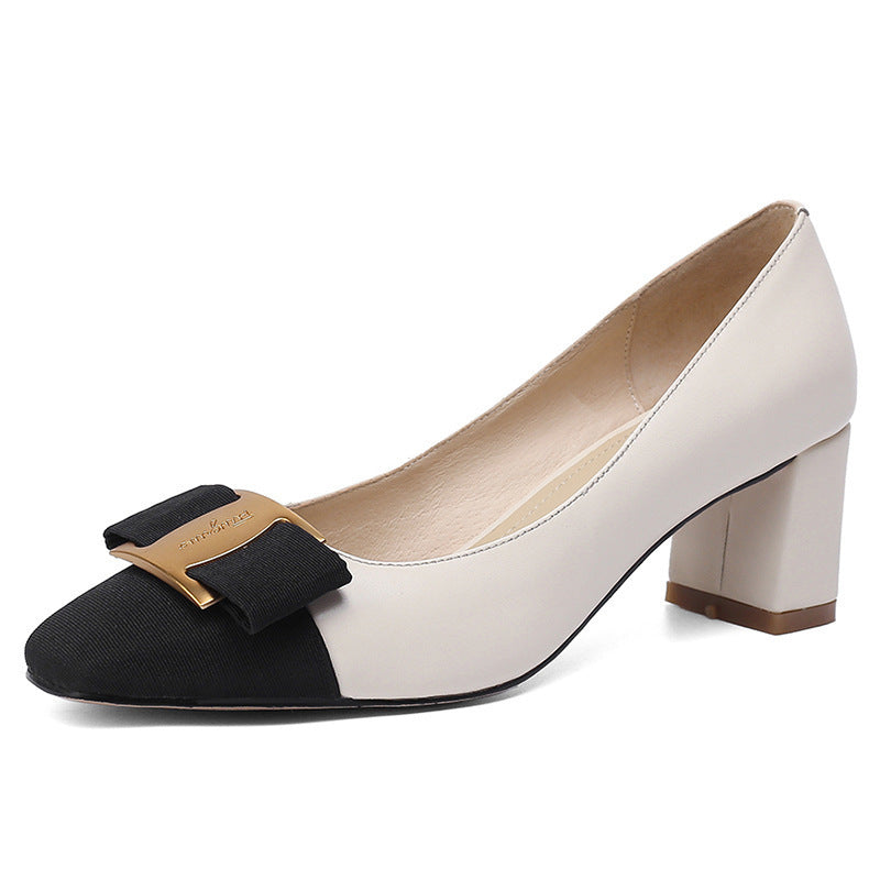 Damen nan zweifarbige Pumps mit Kontrastspitze dekorativer Schleife und mittelhohem Blockabsatz R&B