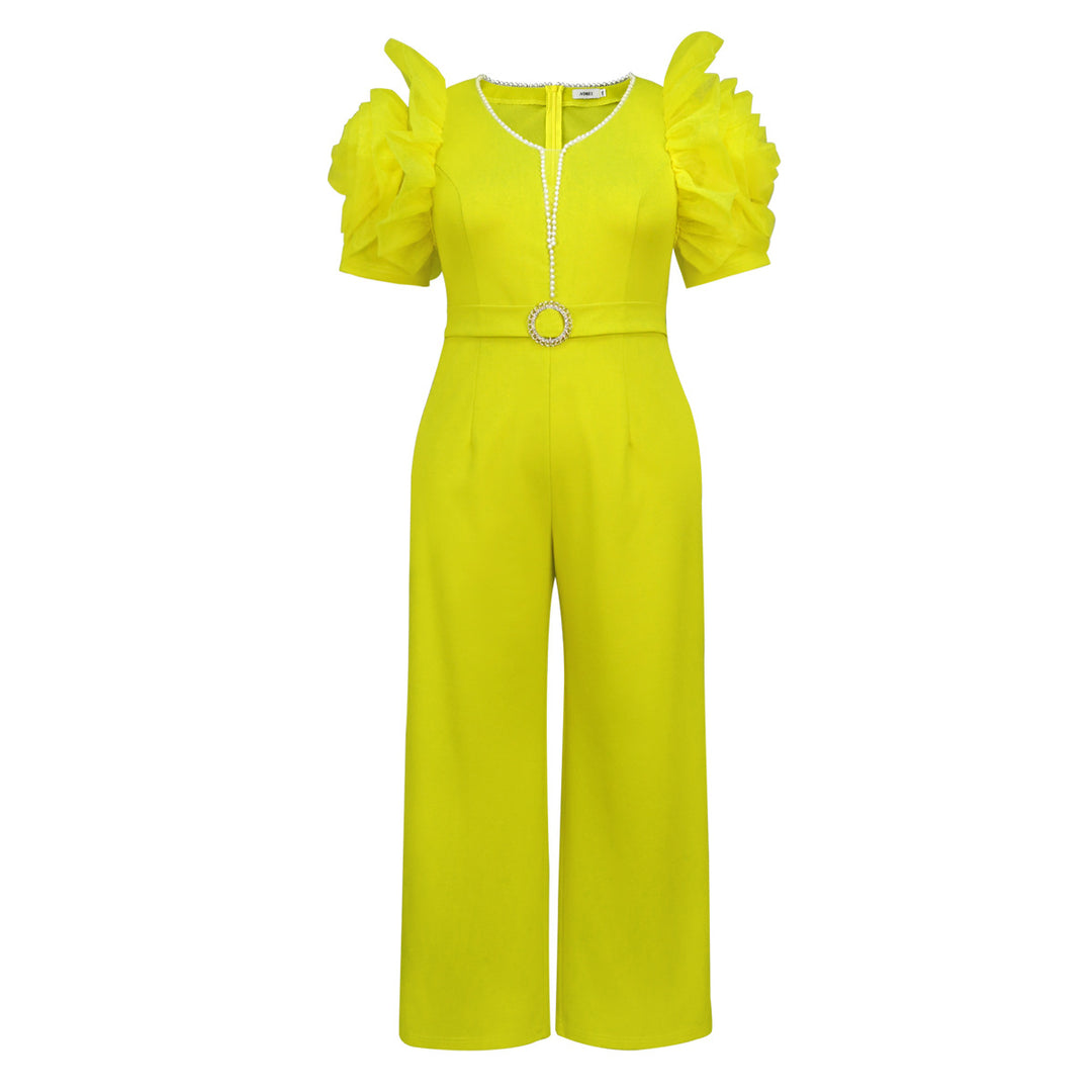 Damen eleganter Jumpsuit mit voluminösen Puffärmeln und Perlenakzent R&B