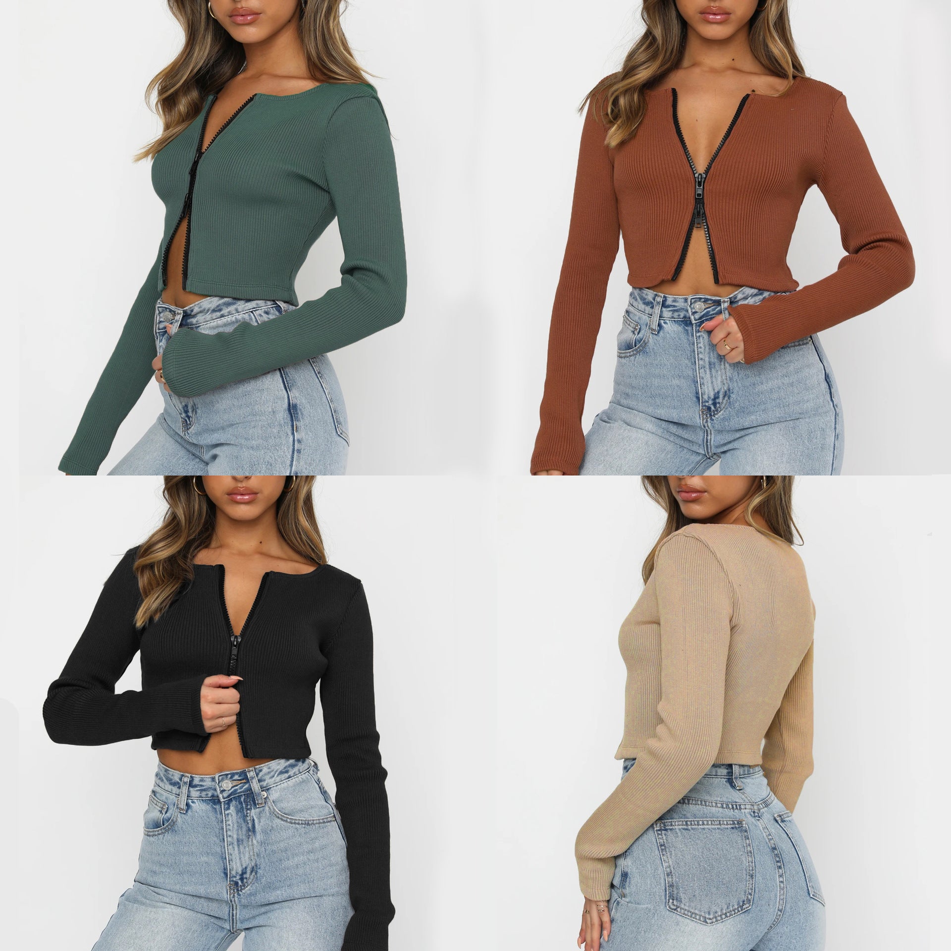 Damen modische Cropped Jacke mit Reißverschluss R&B
