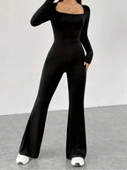 Damen Langarm Jumpsuit mit elegantem Quadrat-Ausschnitt und weitem Bein R&B