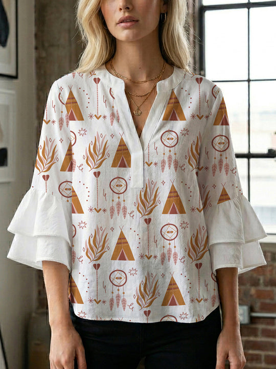 Damen Bluse mit voluminösen Rüschenärmeln und modernem Motiv R&B