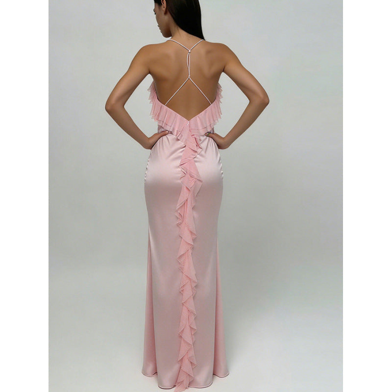 Damen Maxi-Kleid mit eleganten Rüschendetails und tiefem Rückenausschnitt R&B