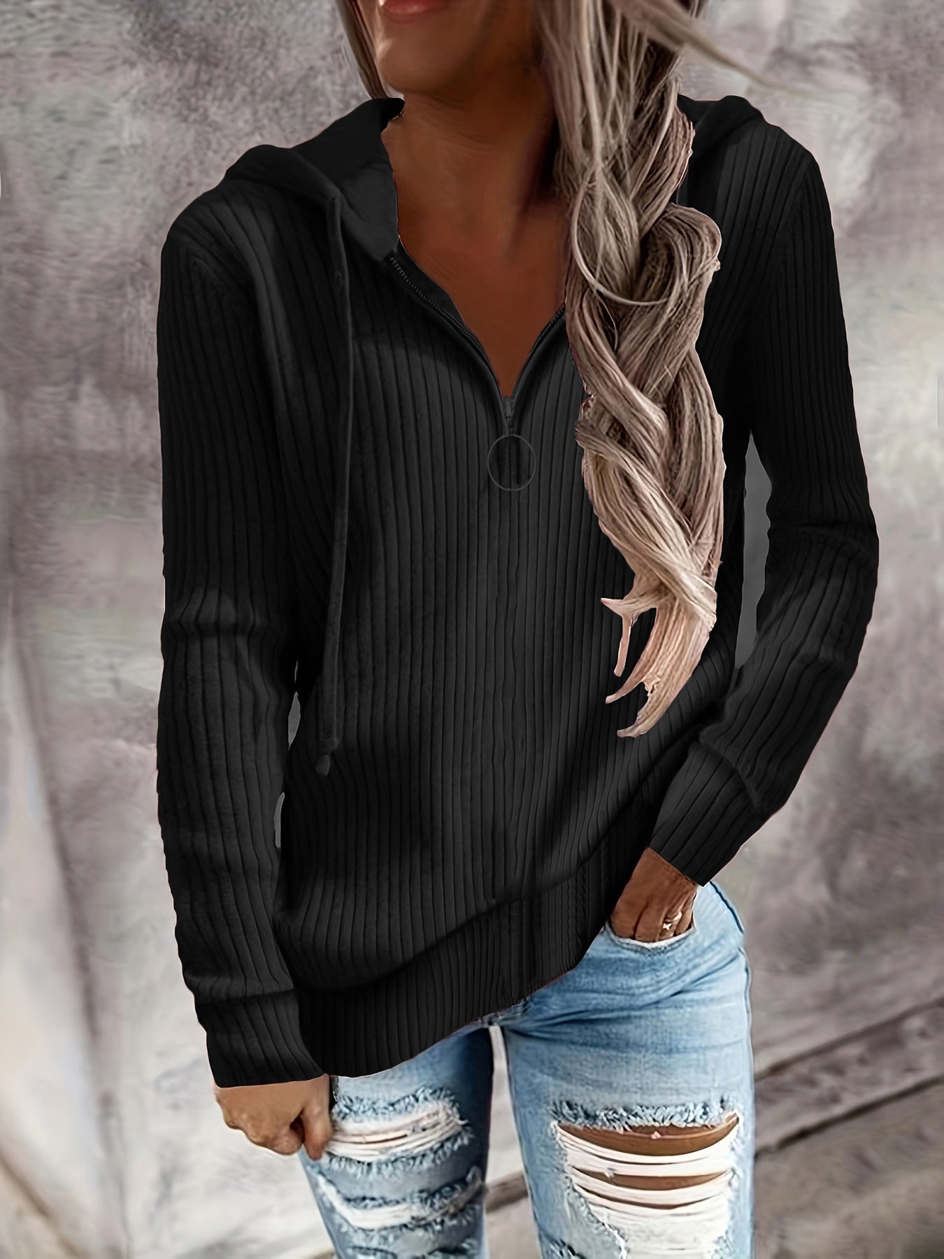 Damen Zip-Hoodie mit strukturiertem Rippdesign und durchgehendem Reißverschluss R&B