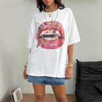 Damen Oversized T-Shirt mit kreativem Lippen- und Schmuckdesign R&B