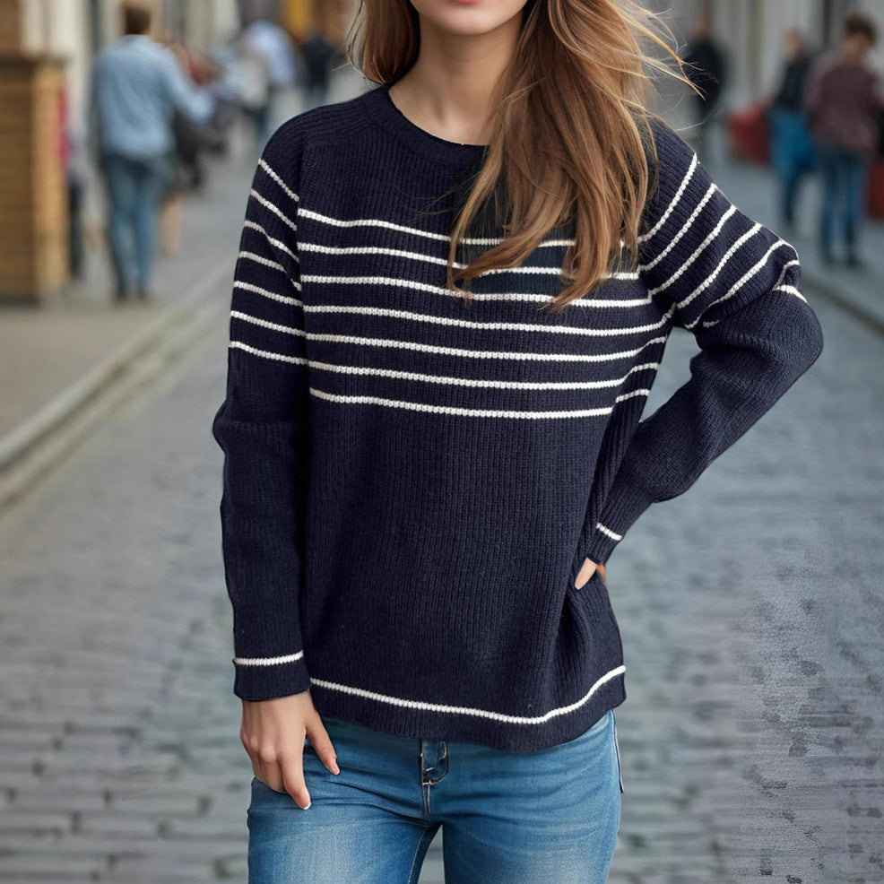 Damen lässiger Pullover mit modischem Streifenmuster und weitem Schnitt R&B