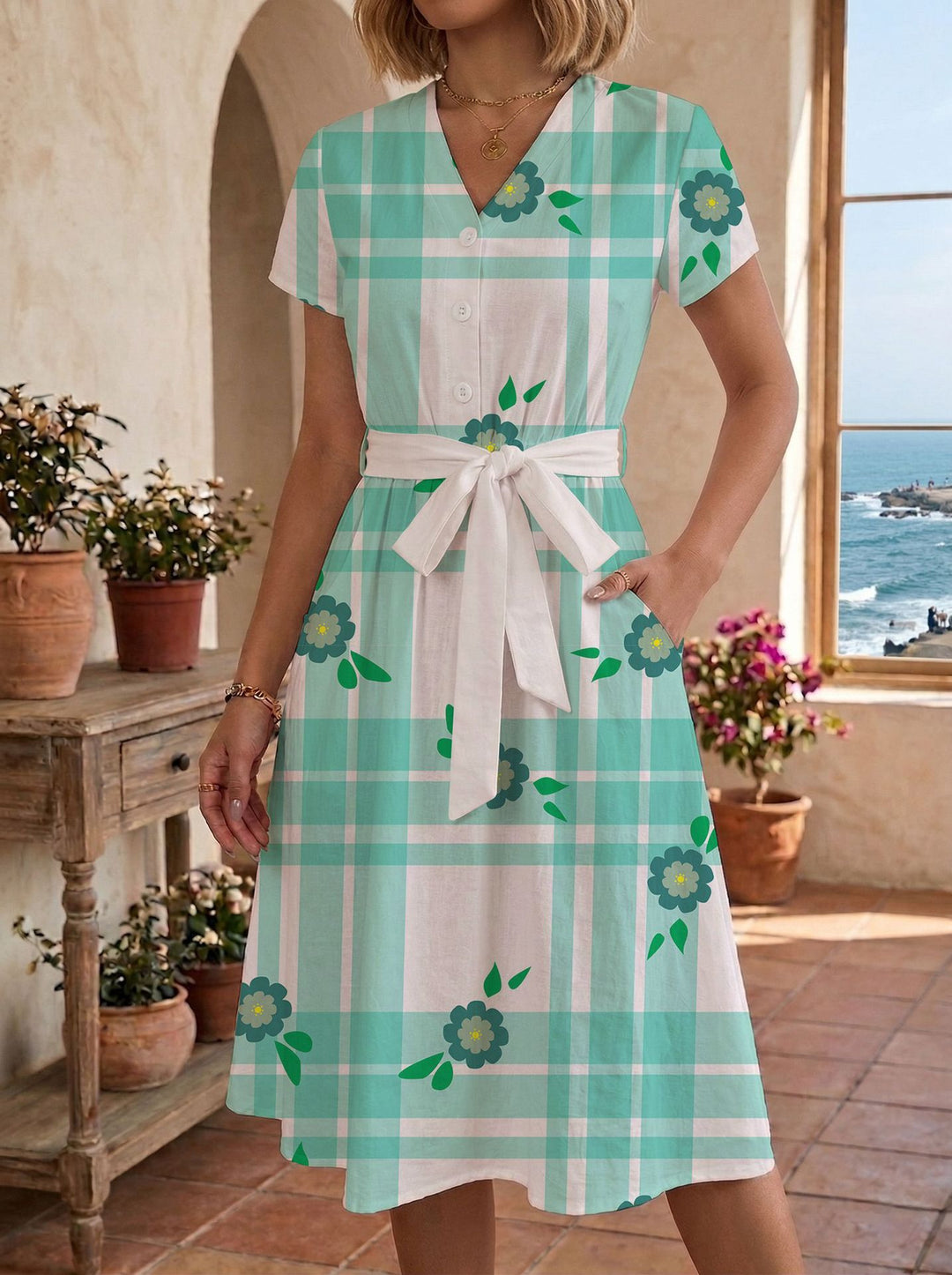 Damen lässiges Maxikleid mit taillierbarem Knoten und dekorativem Karomuster R&B