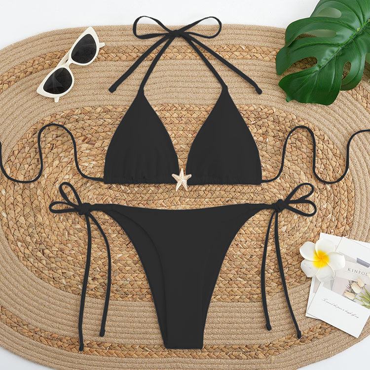 Damen Triangel-Bikini mit verstellbaren Bindändern und zierlichen Muscheldetails