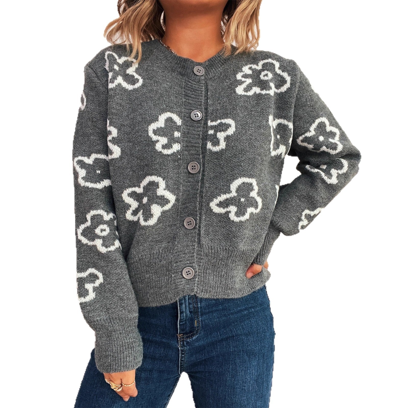 Damen Strickjacke mit floralem Muster und Knopfverschluss R&B