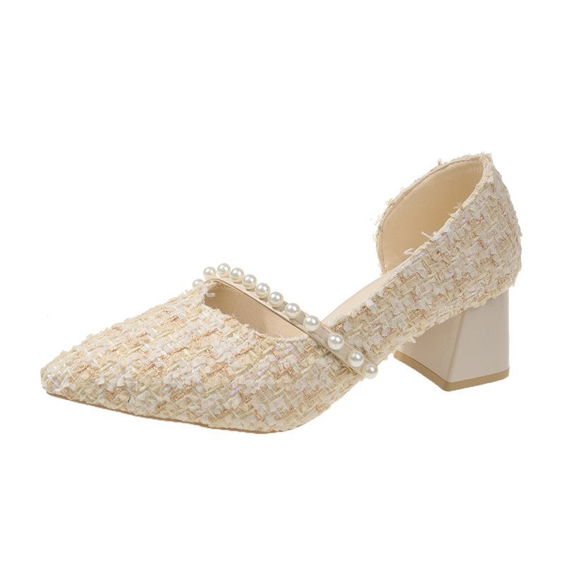 Damen Elegante Pumps mit perlenverziertem Riemen und R&Bratem Blockabsatz R&B