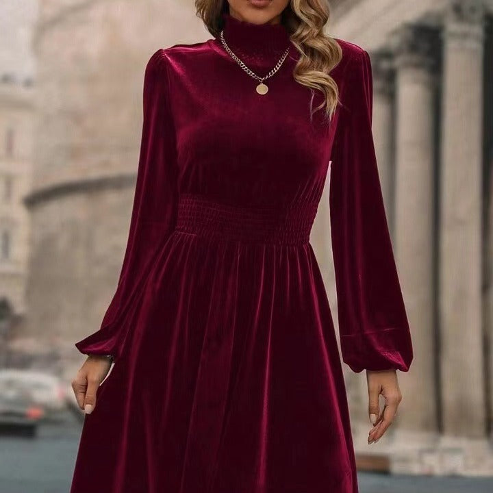 Damen Samtkleid mit hochgeschlossenem Design und eleganten langen Ärmeln R&B