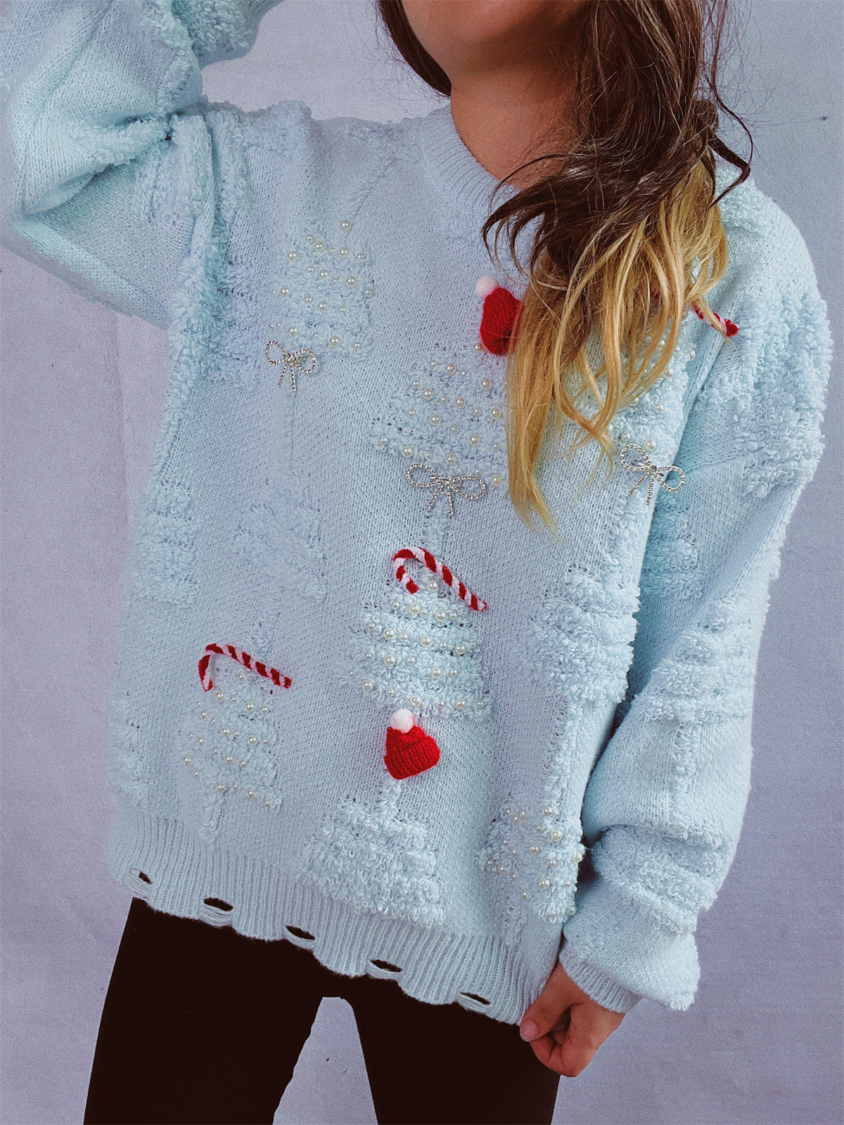 Damen festlicher Pullover mit kreativen Weihnachtsmotiven und strukturiertem Design R&B