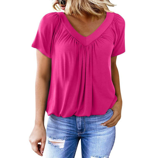 Damen luftige V-Ausschnitt Bluse mit Plissee und kurzen Ärmeln R&B