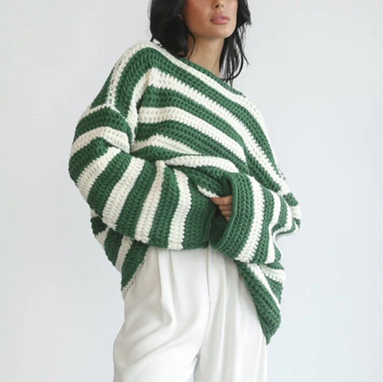 Damen gestreifter Grobstrickpullover mit lässigem Schnitt und weitem Arm R&B
