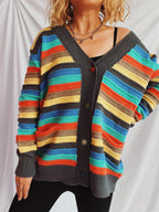 Damen Strickjacke mit buntem Streifenmuster und knöpfbarem Design R&B