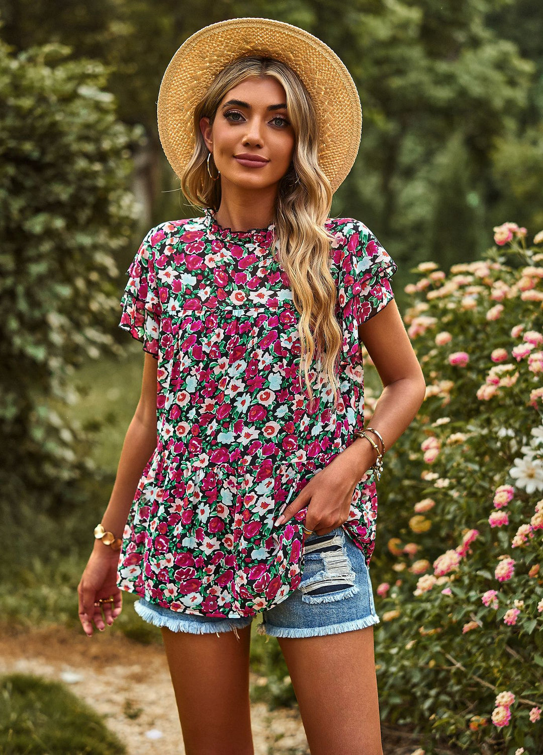 Damen Bluse mit Volantärmeln und frechem Muster R&B