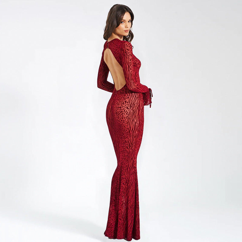 Damen Figurbetontes Maxikleid mit tierischem Muster und weiten Ärmeln R&B