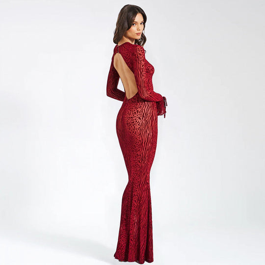 Damen Figurbetontes Maxikleid mit tierischem Muster und weiten Ärmeln R&B