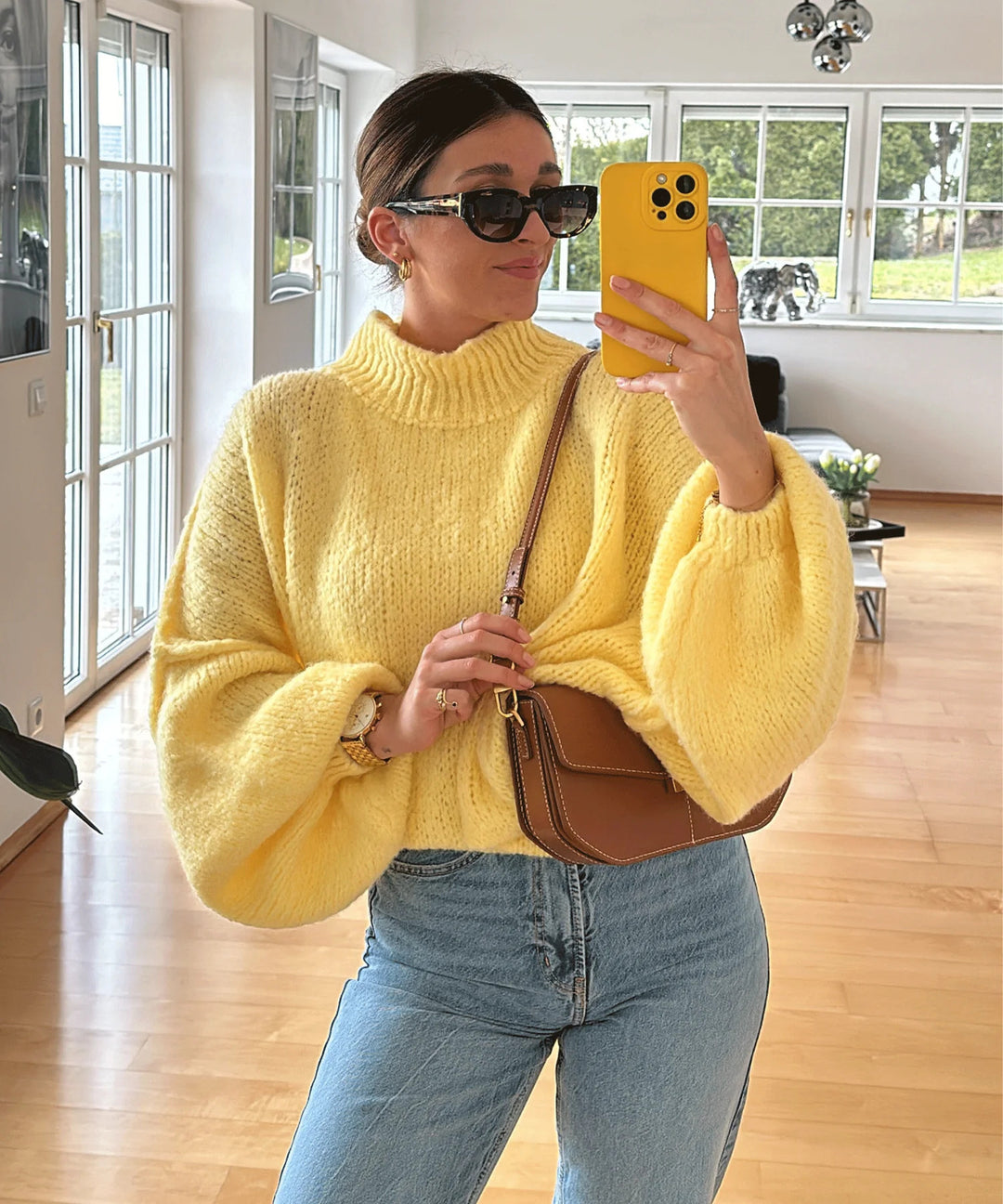 Damen lässiger Oversize Pullover mit hohen Ärmeln und unkonventionellem Schnitt R&B