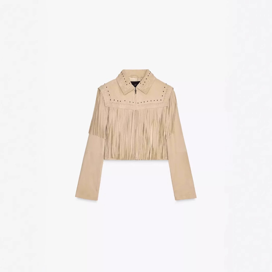 Damen modische Fransenjacke mit steinverziertem Kragen R&B