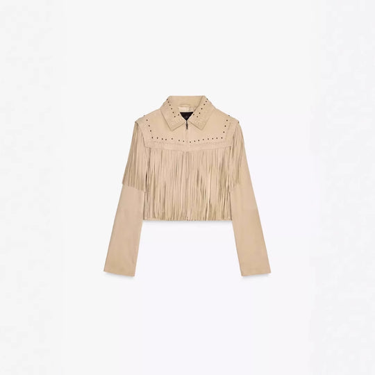 Damen modische Fransenjacke mit steinverziertem Kragen R&B