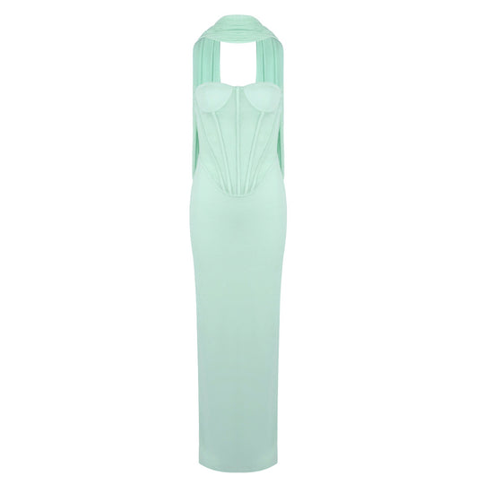 Damen Körpernahes Maxikleid mit eleganter Drapierung und innovativem Rückendesign R&B