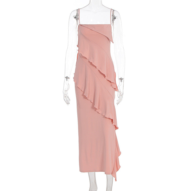 Damen schulterfreies Maxikleid mit asymmetrischem Rüschendesign R&B