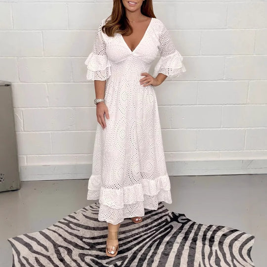 Damen Maxikleid mit floraler Lochstickerei und weiten Ärmeln R&B