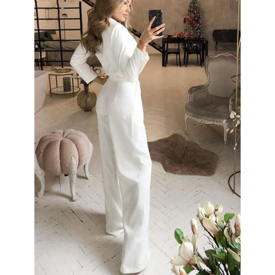 Damen eleganter Jumpsuit mit langem Bein und klassischem Schauspielkragen R&B