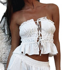 Damen Cropped Oberteil mit rüschengeschnittenem Saum und sexy Schnürung R&B