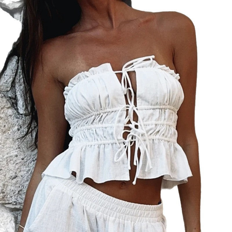 Damen Cropped Oberteil mit rüschengeschnittenem Saum und sexy Schnürung R&B