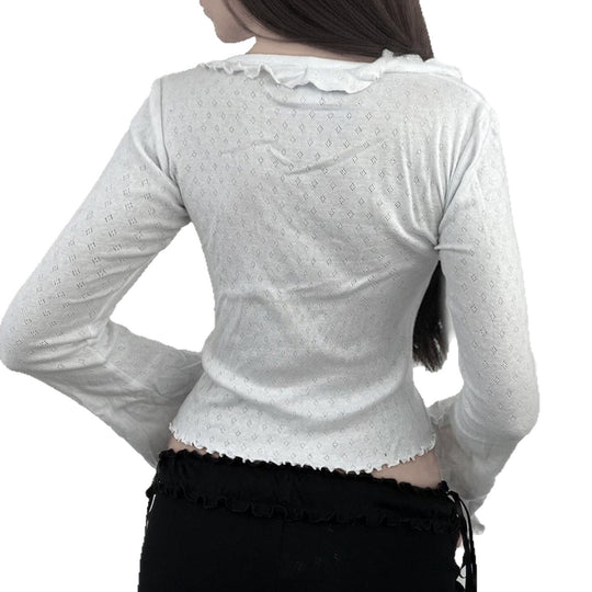 Damen Raffiniertes Langarm-Oberteil mit Volantdetails und Bindeverschluss R&B