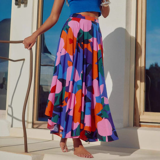 Damen Maxi-Rock mit buntem Blumendesign und fließendem Fall R&B