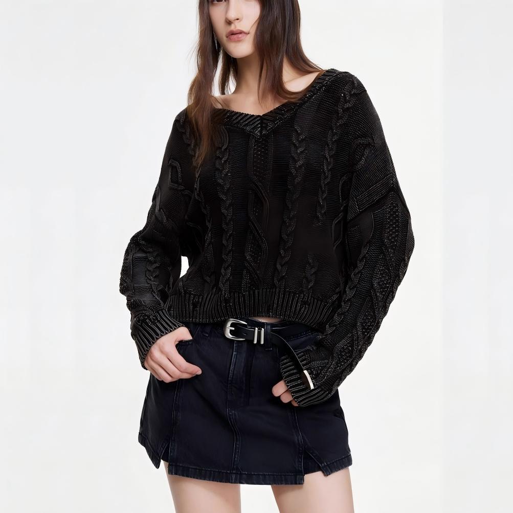Damen Grob gestrickter Pullover mit V-Ausschnitt und voluminösen Ärmeln R&B