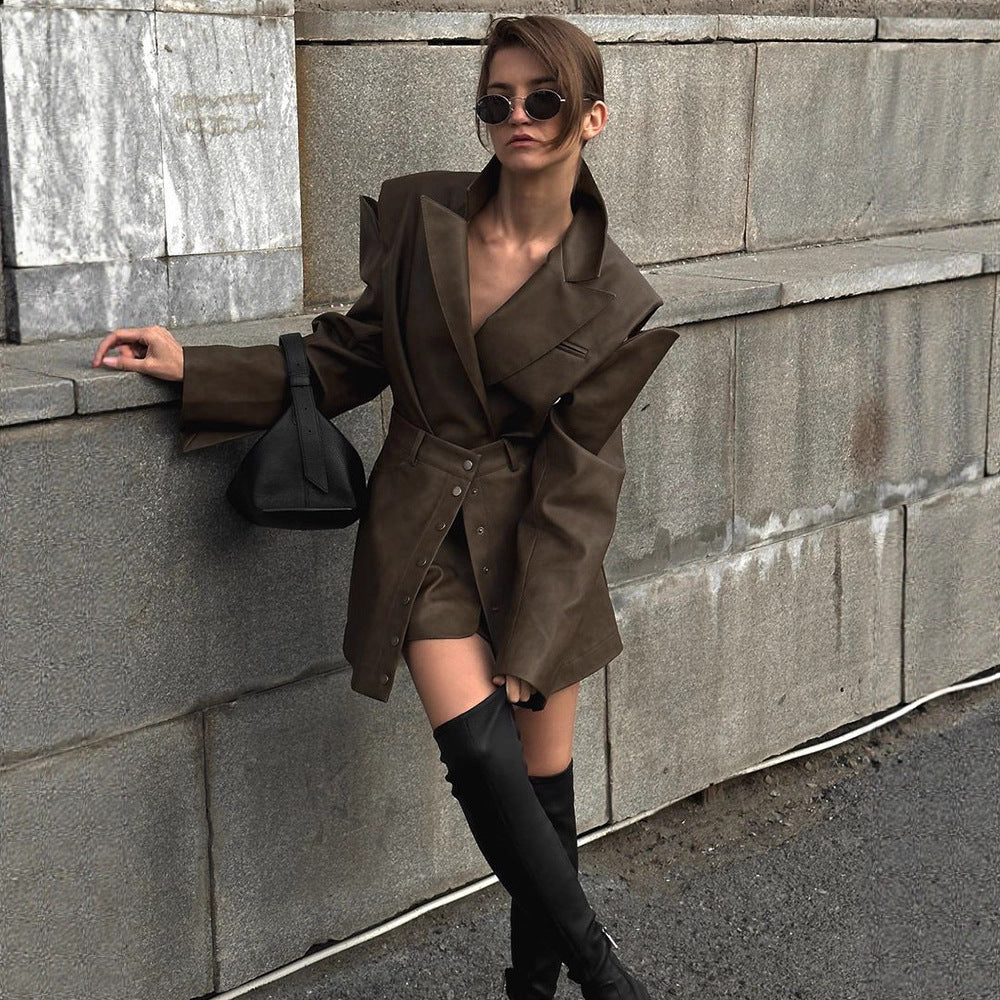 Damen lässige Kunstlederjacke mit hohem Kragen und praktischen Druckknöpfen R&B