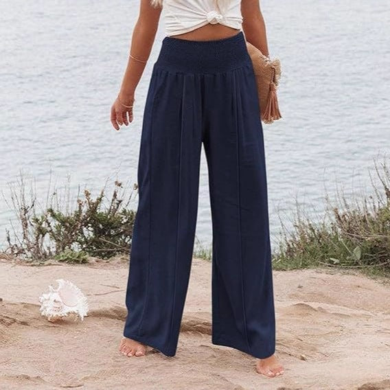 Damen weite und elegante Palazzo-Hose mit hohem Bund und Faltenwurf R&B